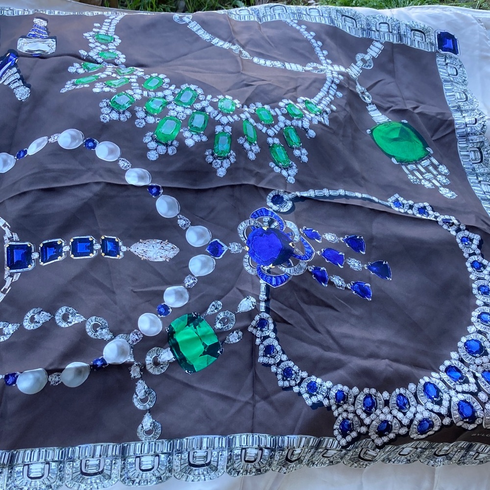 Bulgari silk Carre scarf large brown gray jewels pearl print Bvlgari